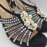 Valentino Crystal & Faux Pearl Embellished Cage Sandals Black Satin Size 36