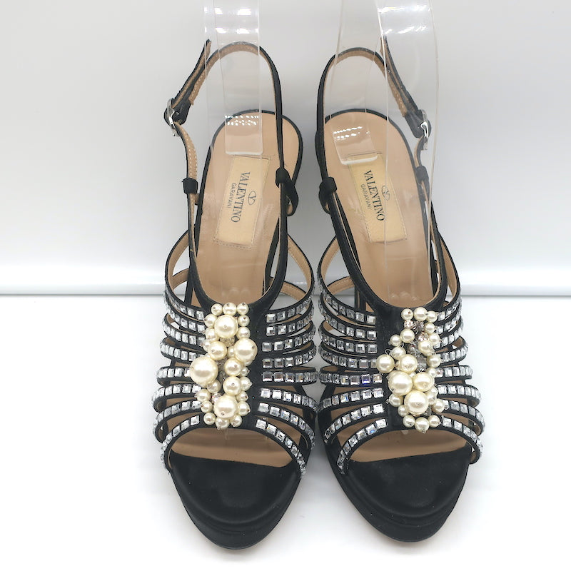 Valentino Crystal &amp; Faux Pearl Embellished Cage Sandals Black Satin Size 36