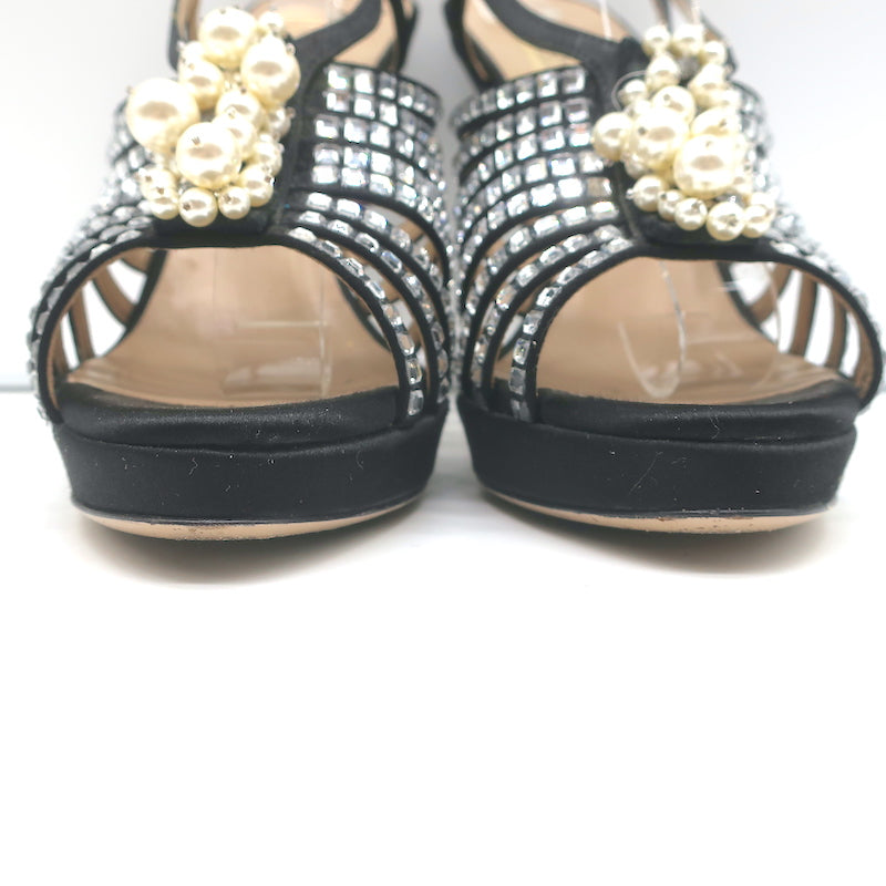 Valentino Crystal &amp; Faux Pearl Embellished Cage Sandals Black Satin Size 36