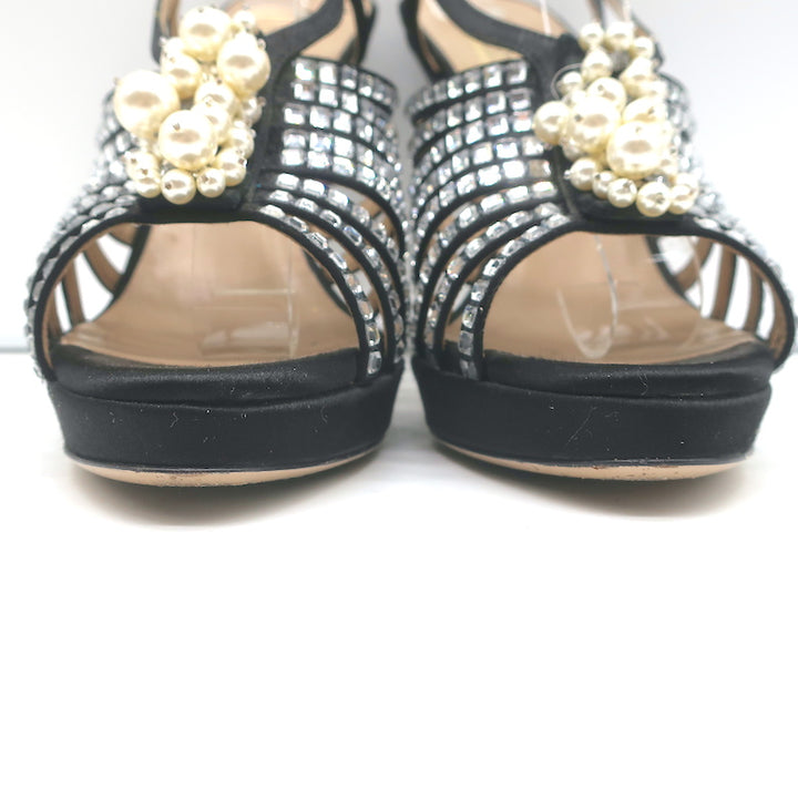 Valentino Crystal &amp; Faux Pearl Embellished Cage Sandals Black Satin Size 36