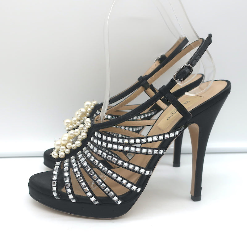Valentino Crystal &amp; Faux Pearl Embellished Cage Sandals Black Satin Size 36