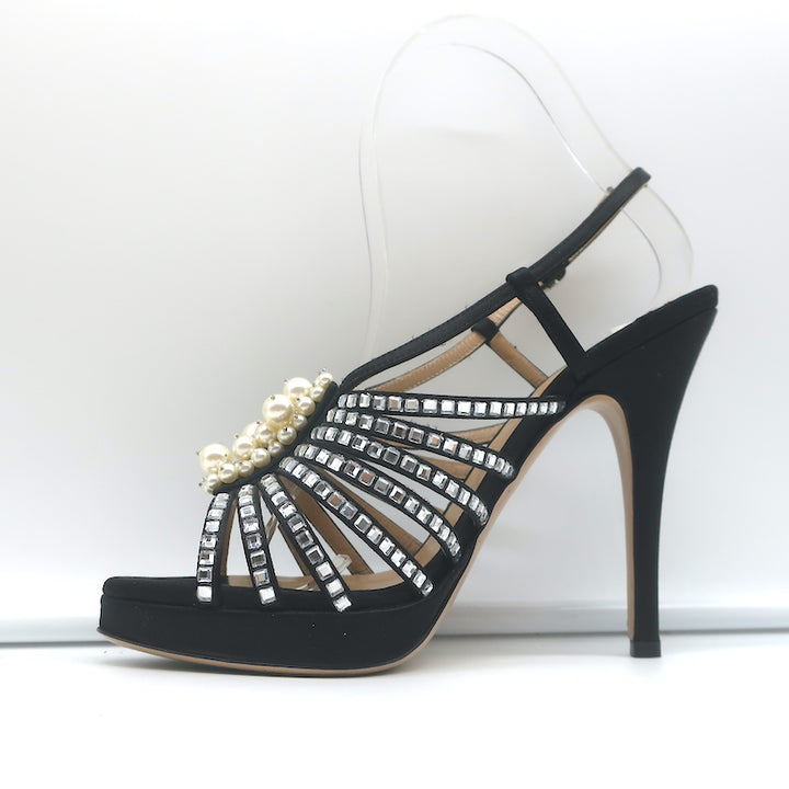 Valentino Crystal &amp; Faux Pearl Embellished Cage Sandals Black Satin Size 36