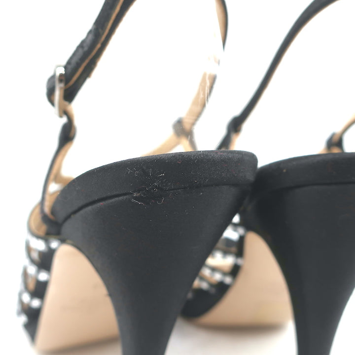Valentino Crystal &amp; Faux Pearl Embellished Cage Sandals Black Satin Size 36
