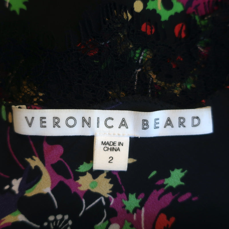 Veronica Beard Cami Gil Black Floral Print Stretch-Silk Size 2 V-Neck Tank Top