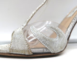 Monique Lhuillier T-Strap Sandals PVC & Silver Glitter Size 36 Open Toe Heels