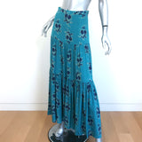 Veronica Beard Serence Tiered Maxi Skirt Turquoise Floral Print Silk Size 0