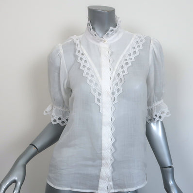 FRAME Embroidered High Neck Top White Ramie Size Extra Small Short Sleeve Blouse