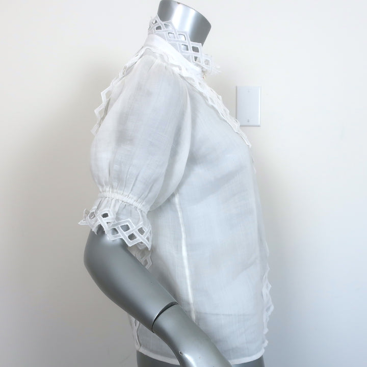 FRAME Embroidered High Neck Top White Ramie Size Extra Small Short Sleeve Blouse