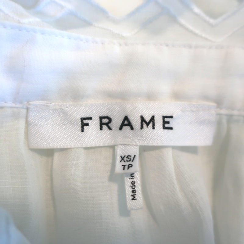 FRAME Embroidered High Neck Top White Ramie Size Extra Small Short Sleeve Blouse