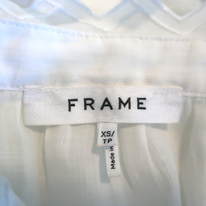 FRAME Embroidered High Neck Top White Ramie Size Extra Small Short Sleeve Blouse