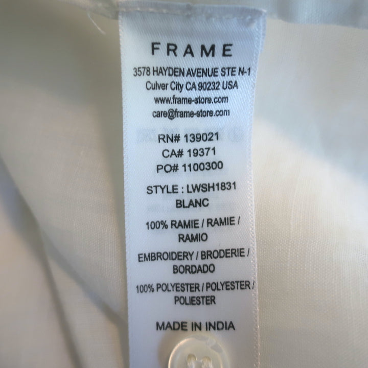 FRAME Embroidered High Neck Top White Ramie Size Extra Small Short Sleeve Blouse