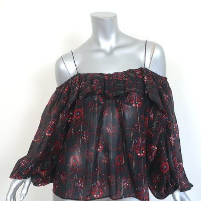 Ulla Johnson Cold Shoulder Top Coline Black Lurex-Striped Floral Print Size 2
