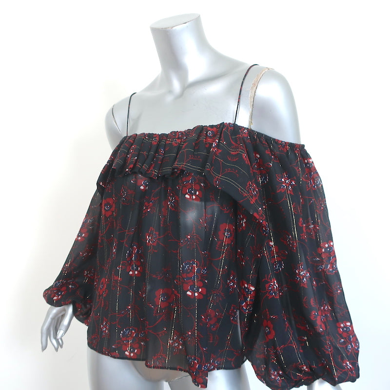 Ulla Johnson Cold Shoulder Top Coline Black Lurex-Striped Floral Print Size 2