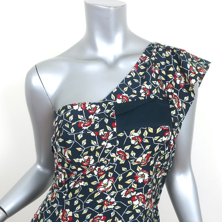Isabel Marant One Shoulder Mini Dress Ricco Navy Floral Print Silk Size 40