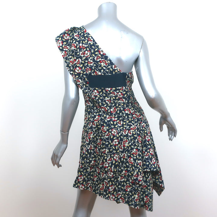Isabel Marant One Shoulder Mini Dress Ricco Navy Floral Print Silk Size 40