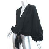 Nicholas Tie-Front Blouse Black Satin Crepe Size US 2 Long Sleeve Top
