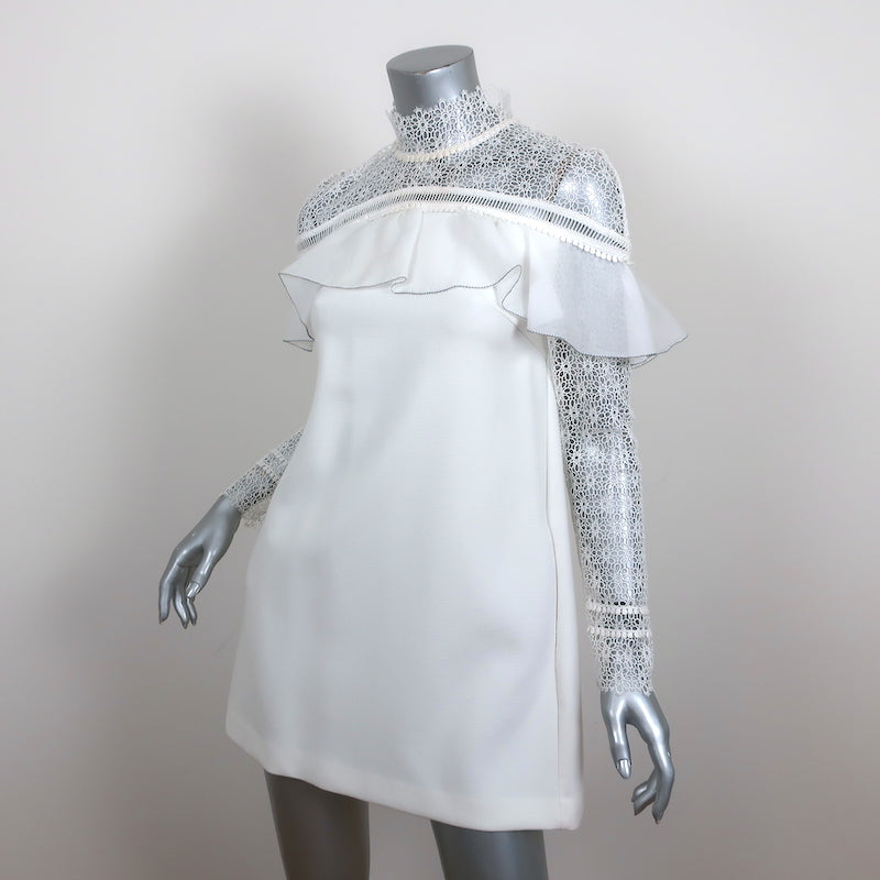 Self-Portrait Long Sleeve Ruffle Mini Dress White Lace-Trim Crepe Size US 4