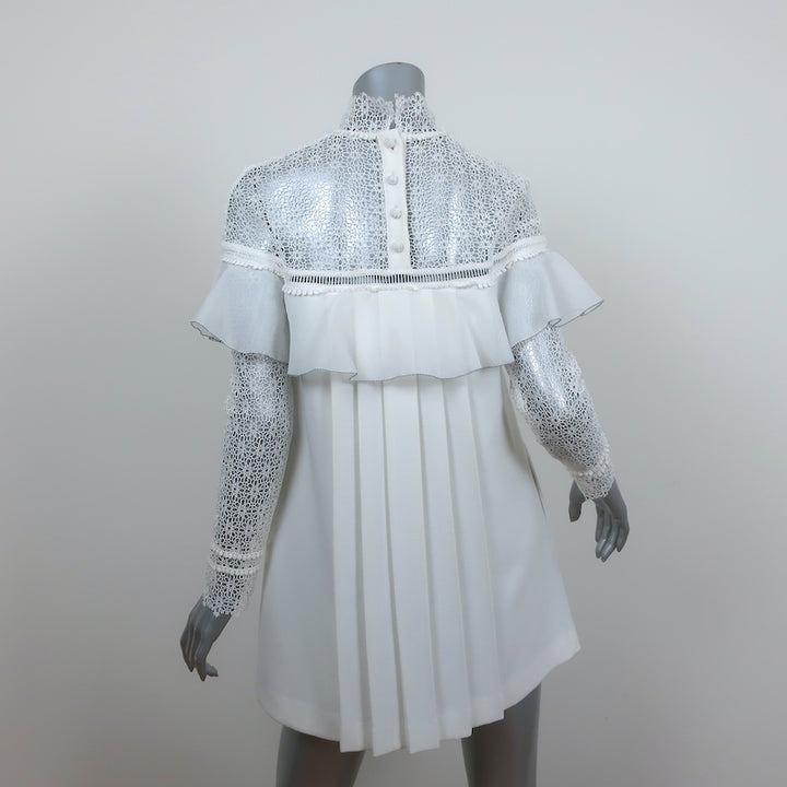 Self-Portrait Long Sleeve Ruffle Mini Dress White Lace-Trim Crepe Size US 4