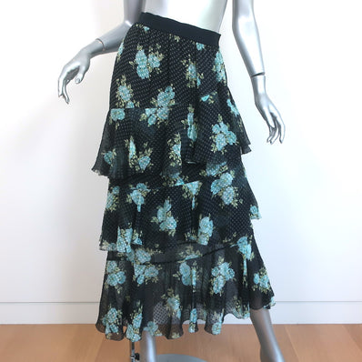 Zimmermann Tiered Midi Skirt Whitewave Black Floral Print Swiss Dot Size 1