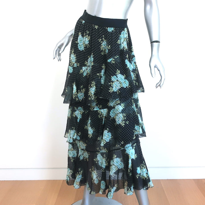 Zimmermann Tiered Midi Skirt Whitewave Black Floral Print Swiss Dot Size 1