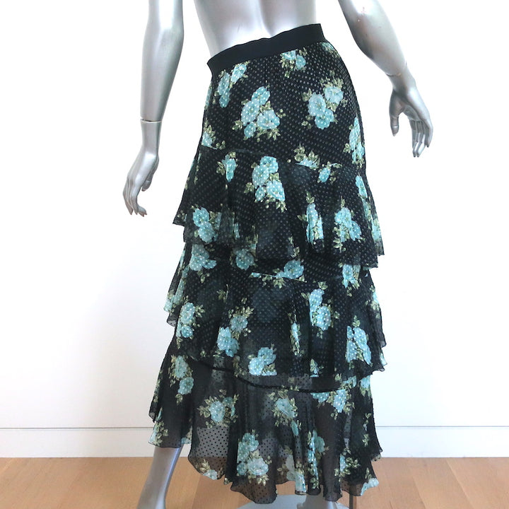 Zimmermann Tiered Midi Skirt Whitewave Black Floral Print Swiss Dot Size 1