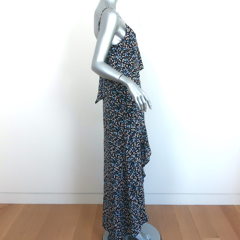 Intermix Ruffled High-Low Dress Layla Navy Leaf Print Silk Size Small