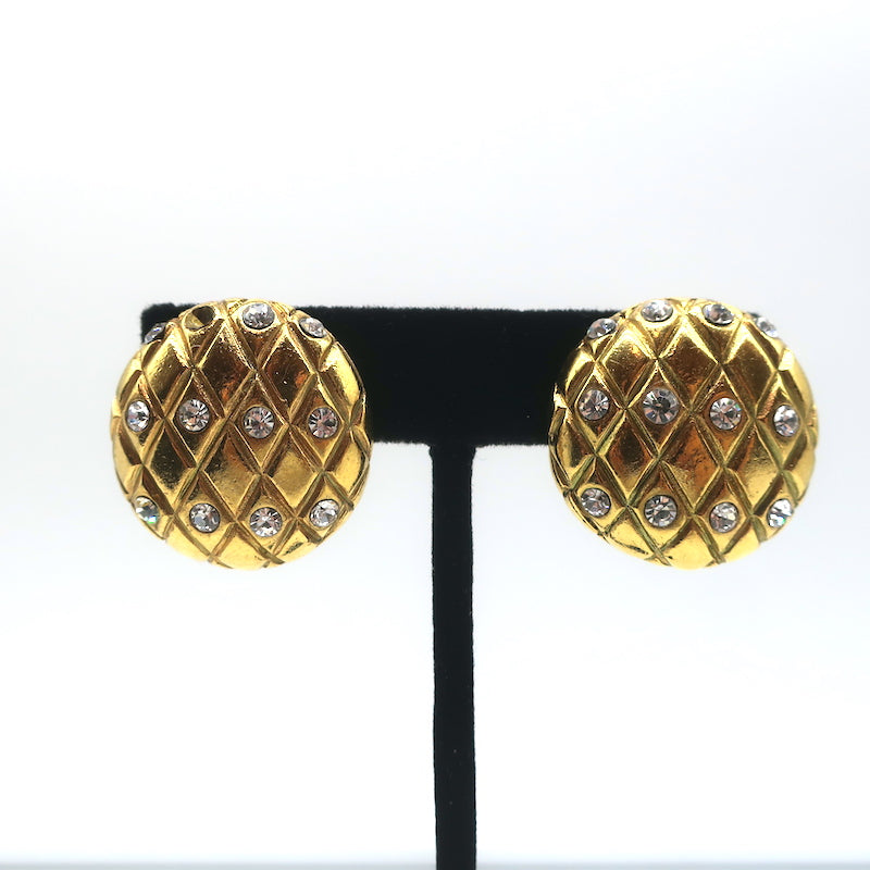 Chanel Vintage 1970s Crystal Quilted Clip-On Earrings