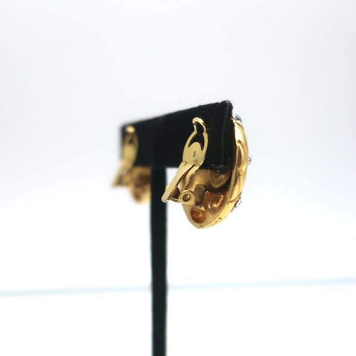 Vintage Chanel 1970s Crystal Quilted Clip-On Earrings Gold