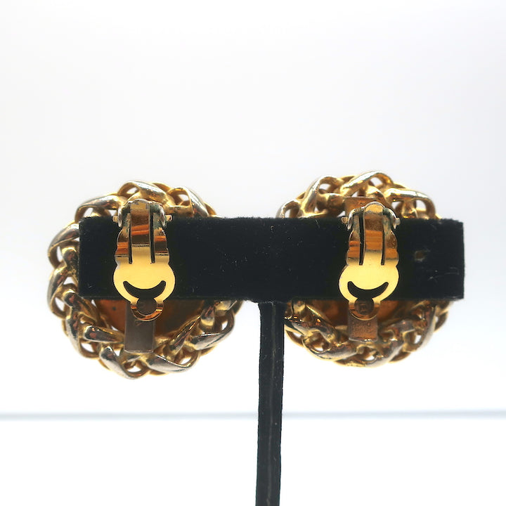 Vintage Chanel 1970s Wheat &amp; Chain Medallion Clip-On Earrings Gold