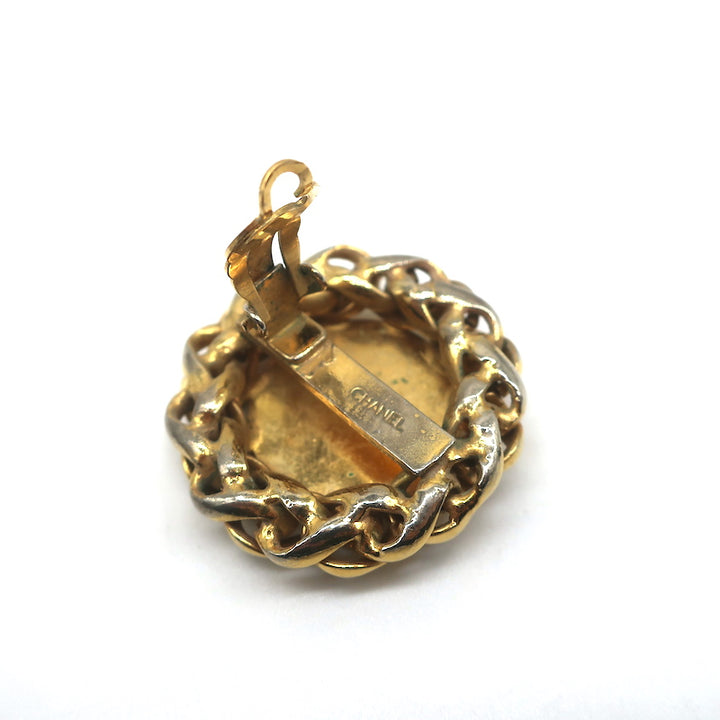 Vintage Chanel 1970s Wheat &amp; Chain Medallion Clip-On Earrings Gold