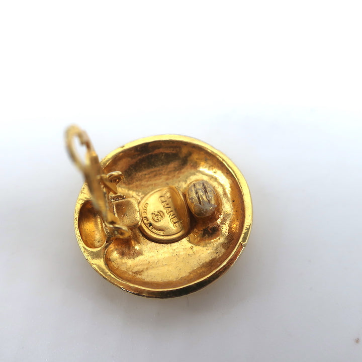 Vintage Chanel 1970s Madame Coco Round Clip-On Earrings Gold