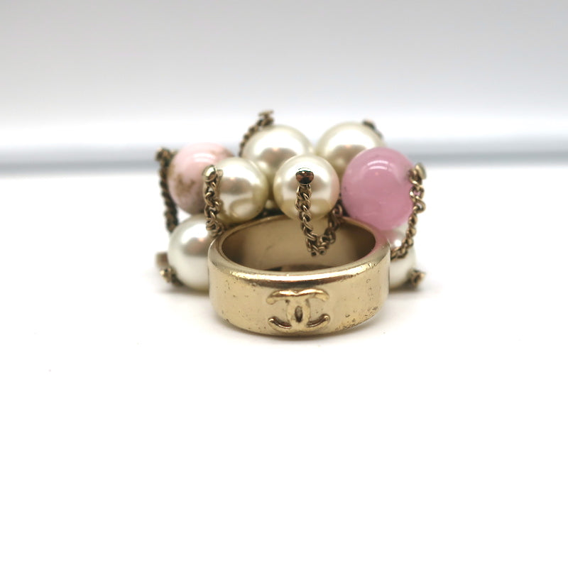 Chanel 09A CC Chain &amp; Faux Pearl Cluster Ring Gold Size 6.5