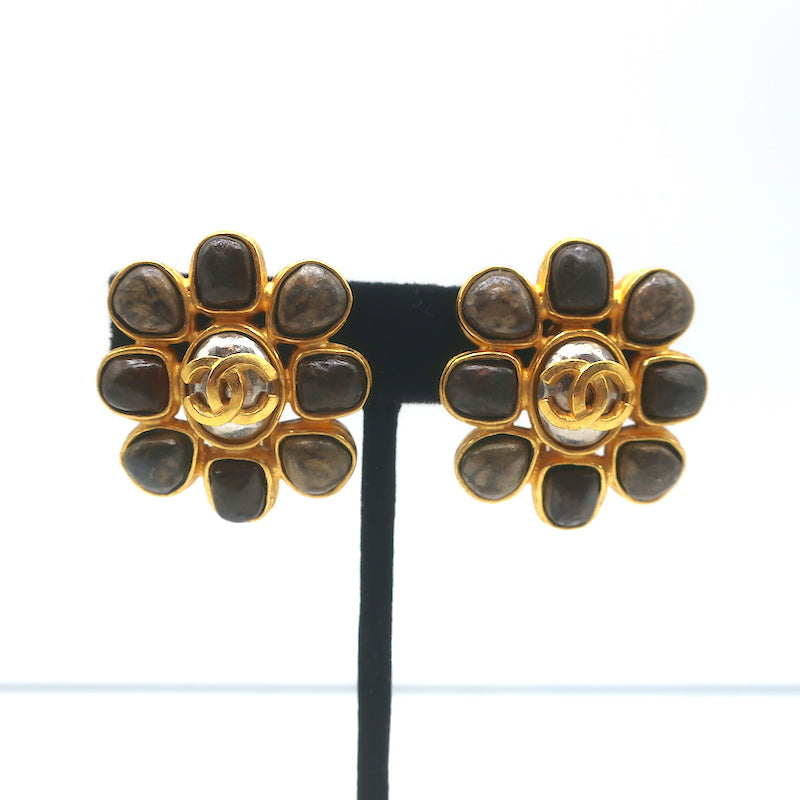 Vintage Chanel 97A Flower CC Clip-On Earrings Gripoix Cabochons
