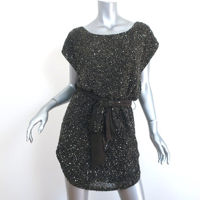 Haute Hippie Beaded Tie-Waist Mini Dress Charcoal Chiffon Size Extra Small