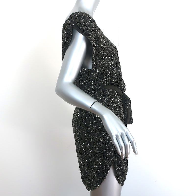Haute Hippie Beaded Tie-Waist Mini Dress Charcoal Chiffon Size Extra Small
