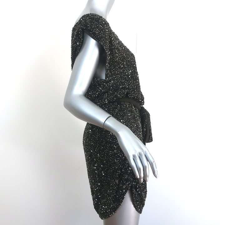 Haute Hippie Beaded Tie-Waist Mini Dress Charcoal Chiffon Size Extra Small