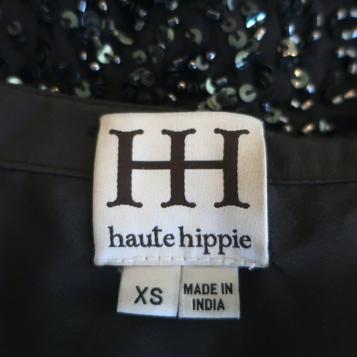 Haute Hippie Beaded Tie-Waist Mini Dress Charcoal Chiffon Size Extra Small