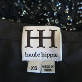 Haute Hippie Beaded Tie-Waist Mini Dress Charcoal Chiffon Size Extra Small