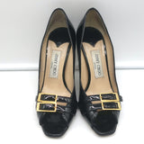 Jimmy Choo Double Buckle Peep Toe Pumps Black Patent Leather Size 36.5