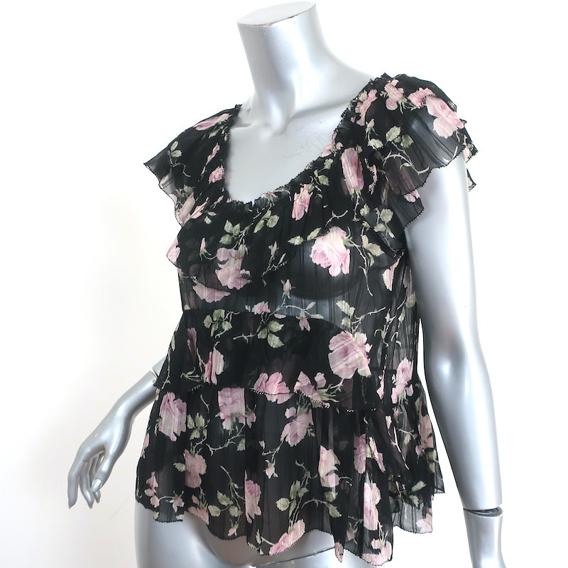 Ulla Johnson Ruffle Top Flora Black Floral Print Silk Size 4 Cap Sleeve Blouse