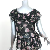 Ulla Johnson Ruffle Top Flora Black Floral Print Silk Size 4 Cap Sleeve Blouse