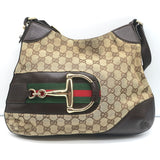 Gucci Hasler Horsebit Hobo GG Monogram Canvas & Brown Leather Shoulder Bag