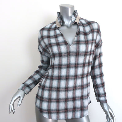 A Shirt Thing Penelope Ruffle Top White/Burgundy Plaid Gauze Size Small