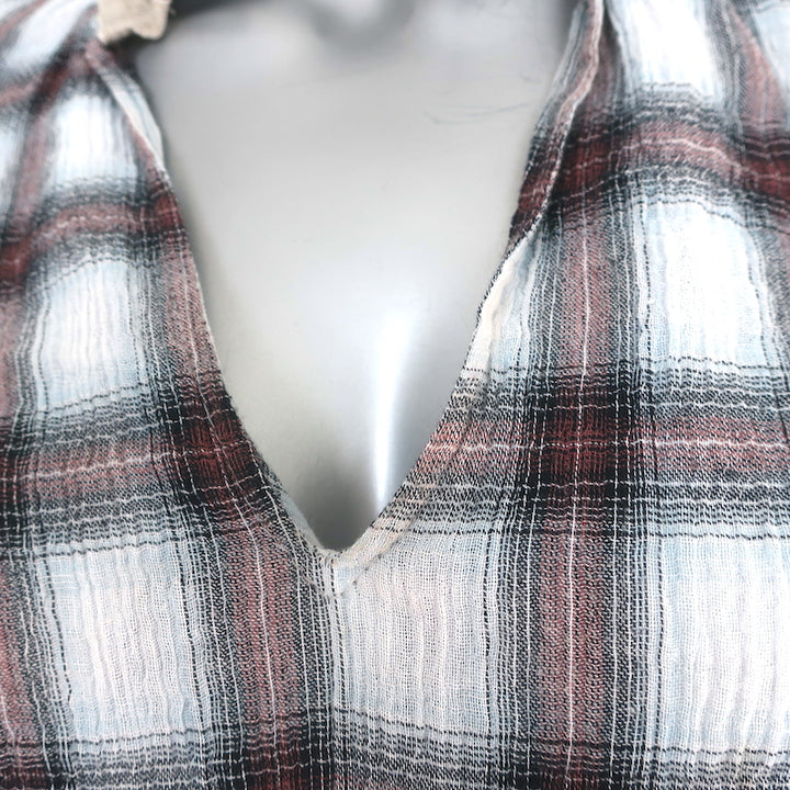 A Shirt Thing Penelope Ruffle Top White/Burgundy Plaid Gauze Size Small