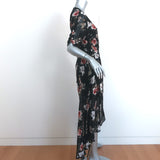 NICHOLAS High-Low Wrap Dress Black Floral Print Silk Size 4 Short Sleeve Maxi
