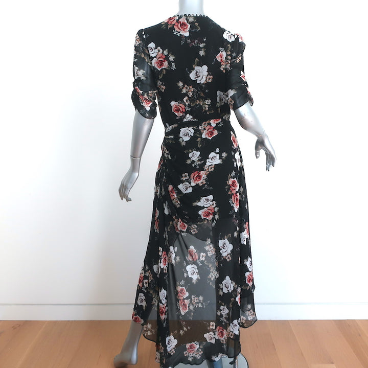 NICHOLAS High-Low Wrap Dress Black Floral Print Silk Size 4 Short Sleeve Maxi