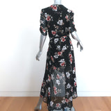 NICHOLAS High-Low Wrap Dress Black Floral Print Silk Size 4 Short Sleeve Maxi
