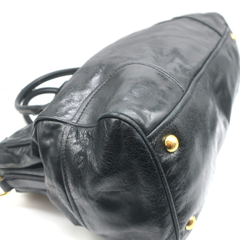 Miu Miu Double Zip Tote Black Vitello Shine Leather Medium Crossbody Bag
