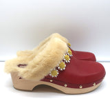 Fabrizio Viti Jean Daisy Shearling Clogs Red Leather Size 39