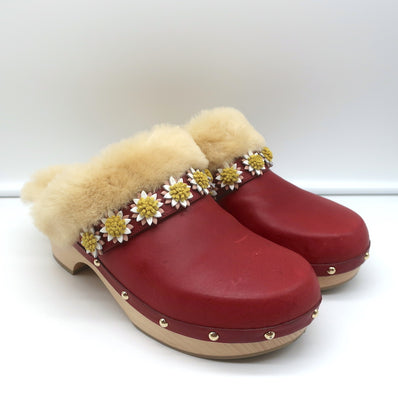 Fabrizio Viti Jean Daisy Shearling Clogs Red Leather Size 39
